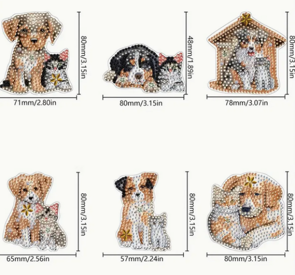 Diamond Paintig 6 Stück Kühlschrankmagnet - Hunde und Katzen